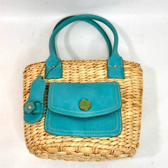 Caribbean Joe Straw Wicker Bag with Turquoise Leather Accents - Picture 9 of 11